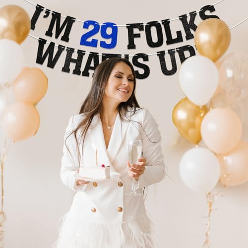 Image of I am 29 Folks, What's Up? Banner - New Girl 29th Birthday Party Decorations, Happy 29th Birthday Party Decorations Black Glitter