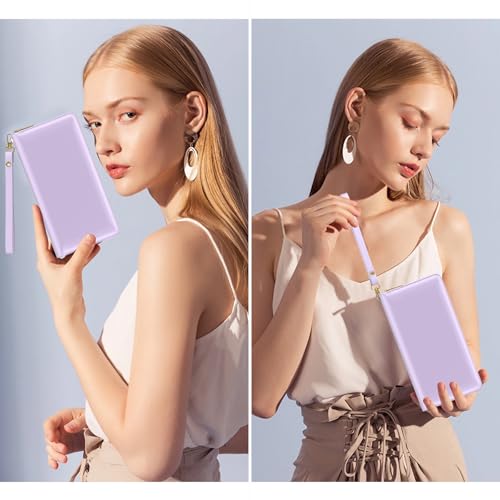 Image of Nipichsha Womens Wallet, RFID Wristlet Wallet for Women, Cute Ladies Purse, Large Credit Card Clutch Purse, Leather Card Holder Wallets with Zipper & Phone Holder, Purple