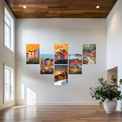 Image of SiddArtify Colorful Houses Wall Art Print Set - Whimsical Town Poster Decor for Living Room Bedroom - 8x12 inch Board Pack of 6