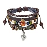HFZRZFH Music Note Bracelet Hippie Boho Grunge Beaded Leather for Women Men, Fairy Core Y2K Aesthetic Black Rocker Jewelry, Handmade Adjustable Wood Wristband, Whimsical Fashion Accessories