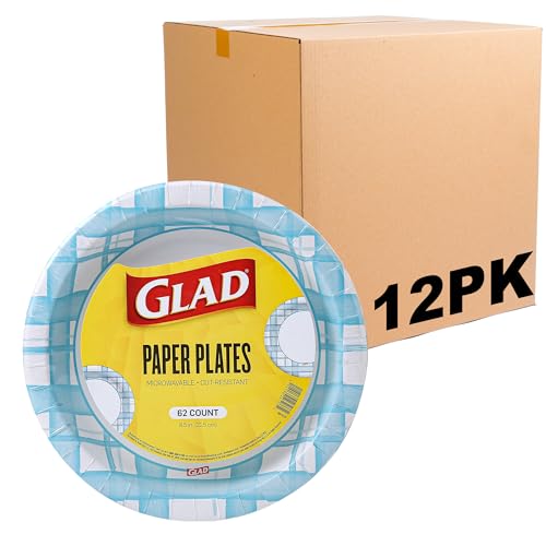 Glad Everyday Round Disposable Paper Plates with Aqua Plaid Design | Cut-Resistant, Microwavable Paper Plates for All Foods & Daily Use | 8.5 Inches, 62 Count - 12 Pack