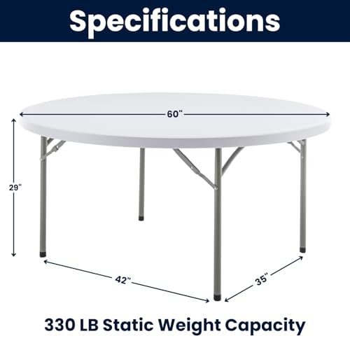 Image of BTEXPERT White 5 Ft 60inch Round Plastic Folding Table Full Top Commercial Portable Indoor Outdoor Accessory for Patio Backyard Dining Wedding Party Events Home Kitchen
