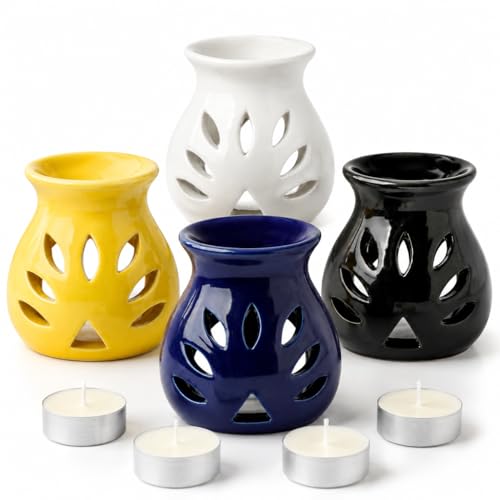 Image of BRAHMZ Ceramic Aroma Diffuser Set of 4 with 4 Tealight Candles | Tea Light Candle Diffuser | Essential Oil Burner for Home Fragrance, Aromatherapy, Living Room & Bedroom
