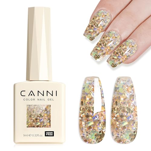 CANNI Glitter Gel Nail Polish 9ML Broken Gold Prism Flash Gel Polish Holographic Gold Soak Off UV LED Nail Art Salon & DIY Manicure at Home