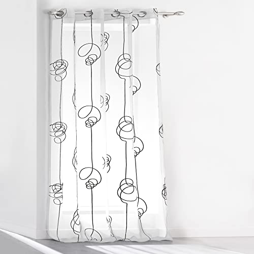 Douceur d'Intérieur, Voilage à Oeillets (140 x 240 cm) Looping Blanc/Noir, Voile Imprimé Transfert