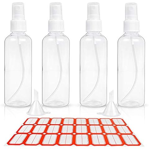 HTHL 4 PCS Set 100ML Spray Bottles Plastic Transparent Mist Spray Bottles with 2 Funnels and 1 Sheet Label Empty Travel Atomiser Refillable Liquid Containers for Perfume Cosmetic and Liquids Cover