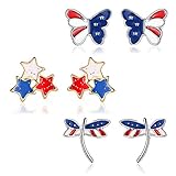 coadipress 3 Pairs American Flag Stud Earrings for Women Fashion Red Blue Star Butterfly Dragonfly July 4th USA Patriotic Independence Day Earrings Jewelry Accessory (3 Pairs Flag Earrings)
