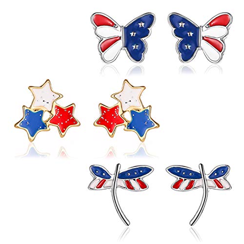 coadipress 3 Pairs American Flag Stud Earrings for Women Fashion Red Blue Star Butterfly Dragonfly July 4th USA Patriotic Independence Day Earrings Jewelry Accessory (3 Pairs Flag Earrings)