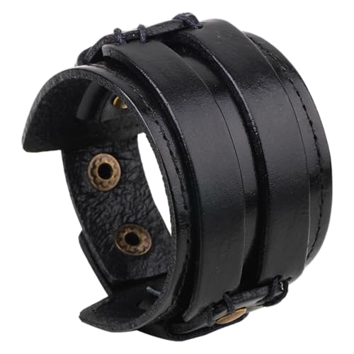 CALFOVERA Punk Breit Echtes Lederarmband Leder Armband Herren Schwarz Verstellbares Rindsleder Wickelarmband Mit Druckknopfverschluss Breites Handgemachtes Gotisches Armreif Für Männer Frauen