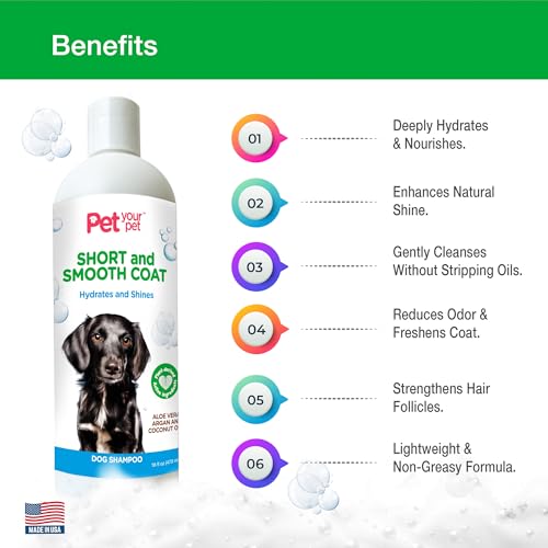 Pet Your Pet Natural Dog Shampoo for Short Coats – Hydrating Wash with Aloe, Argan & Coconut Oil – Deodorizing for Dachshunds, French Bulldogs & Boxers, Labrador Retriever – 16 oz