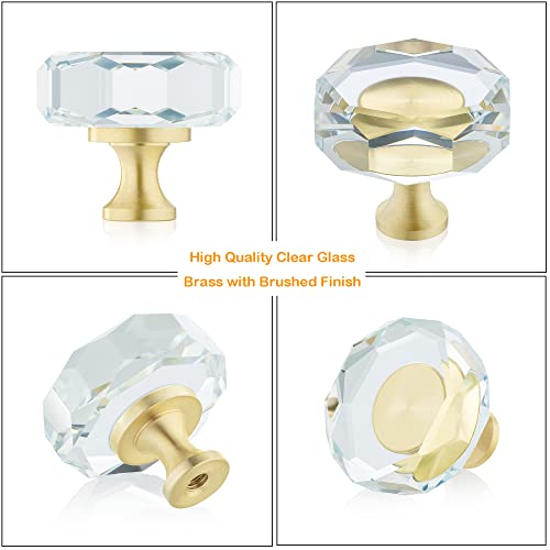 Qogrisun 10-Pack Glass Crystal Knobs Brass Drawer Knobs Dresser Pulls, 1-1/4-Inch Polygon, Gold Cabinet Hardware For Kitchen Bathroom #TOP6