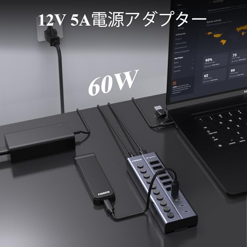 FIDECO 60W USBハブ 電源付き 10ポートの 拡張 セルフパワー 10Gbps USBスプリッター USB Hub 10Gbps高速データ伝送 アルミ製USB 3.2 Gen 2マルチポートアダプター 独立スイッチ付き USB-C×4ポート、A×6ポート BC1.2充電対応