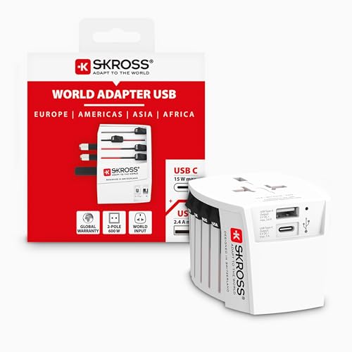 SKROSS Universal Travel Plug with USB and USB C, 1.302962, White