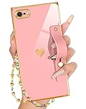 Petitian for iPhone SE 2022/ SE 2020/8/7 Case with Stand/String, Luxury Cute Women Girls Heart Electroplated Designer Phone Cases for SE 2022/ SE 2020/8/7