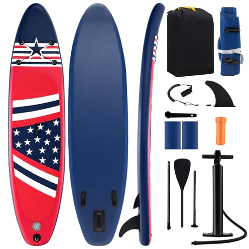 LDAILY Inflatable Stand Up Paddle Board, 10’ x 30” Surf Standing Board w/Premium SUP Accessories, Adjustable Paddle, Hand Pump, Repair Kit, Anti-Lip EVA Deck, Bag for Youth & Adults (Red & Star)