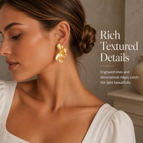 Image of Gold Flower Clip On Earrings for Women, Statement Textured Petal Flower Earrings with Soft Cushion Pads, Lightweight Non Pierced Floral Jewelry