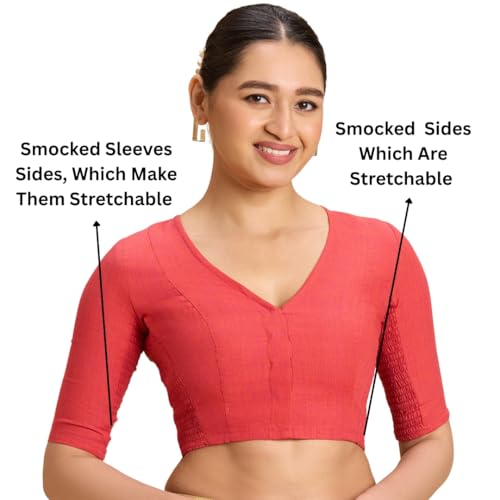 Image of Studio Shringaar Women's Thick Handloom Cotton Plain Side Stretch (Smocked) Readymade Saree Blouse
