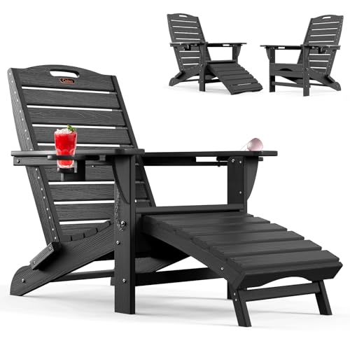 Folding Adirondack Chair with Retractable Ottoman, HDPE Fire Pit Chairs