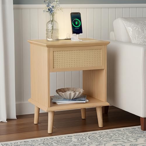 Image of Ink+Ivy End Table with Handwoven Rattan Design, Night Stand with Storage Drawers and Shelves, Equipped with Charging Function and LED Light, Solid Wood Material, for Bedroom, Small Space