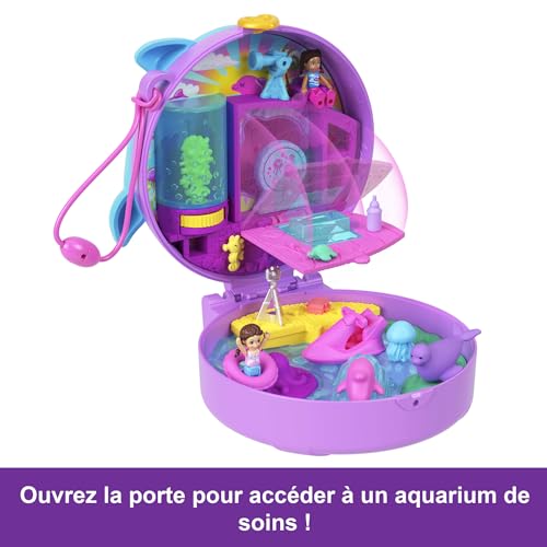 Polly Pocket Sauvetage du dauphin Coffret avec 2 mini-figurines, animaux marins et accessoires de l’océan, HWN96