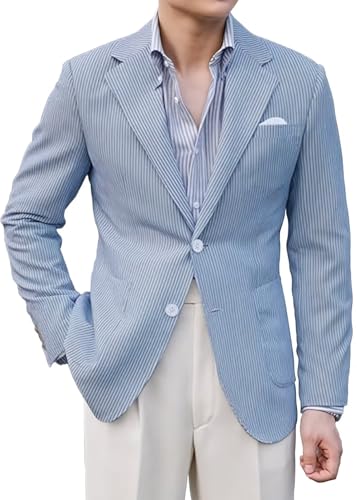 Men Seersucker Sports Jacket Coat Classic Summer Blazer Seersucker Suit for Men Beach Wedding Blazer Blue 2XL