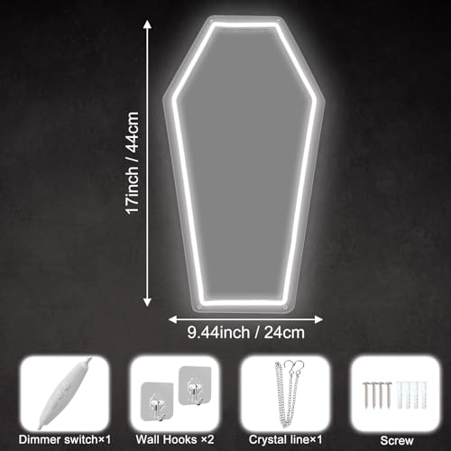 Image of Coffin Neon Sign Shaped Mirror LED Neon Sign, Gothic Bedroom Decor Neon Wall Light, Coffin Mirror Neon Wall Decor for Bedroom Vanity Salon Studio Aesthetic Room Decor 17″ x 9.44″