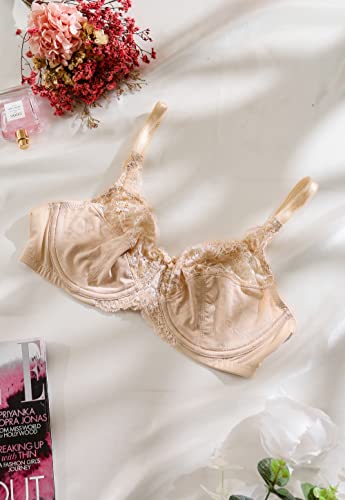 Haci Women's Full Coverage Lace Floral Bras Unlined Underwire Everyday Minimizer Bra Sexy(Beige, 36G) #TOP5