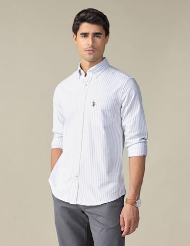 Image of U.S. Polo ASSN. Striped Regular Fit Shirt for Men - 100% Cotton, Breathable & Comfortable, Full Sleeves Casual Shirt for Men