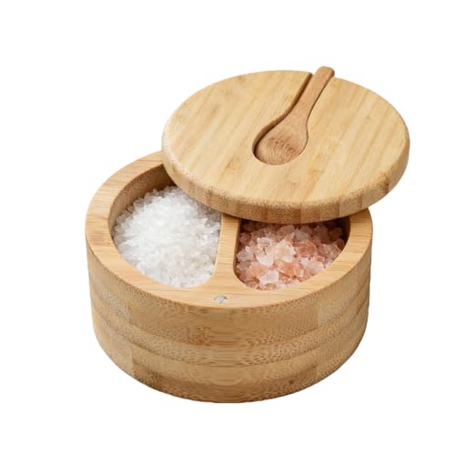 Aurafly Salero para Cocina Bambú, Salt Cellar Bowl Box con Tapa Giratoria Magnética y Cuchara de 2 Compartimentos, Caja de Especias para Hierbas, Pimienta y Condimentos Sólidos