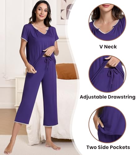Image of NACHILA Bamboo Viscose Women's Pajamas Set Short Sleeve Pjs and Capri Pants