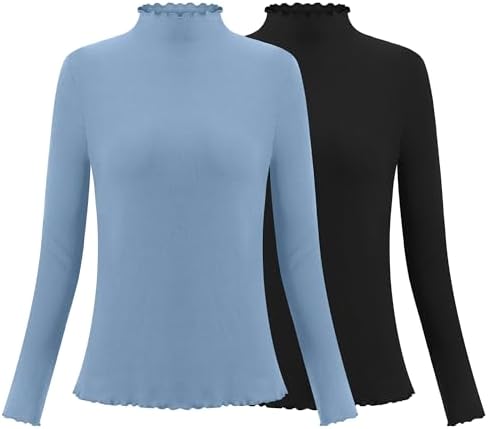Herou 2 Pack Women Lettuce Trim Ribbed Knit Long Sleeve Top Mock Neck Basic Layer Tops Turtleneck Thermal Underwear Tops