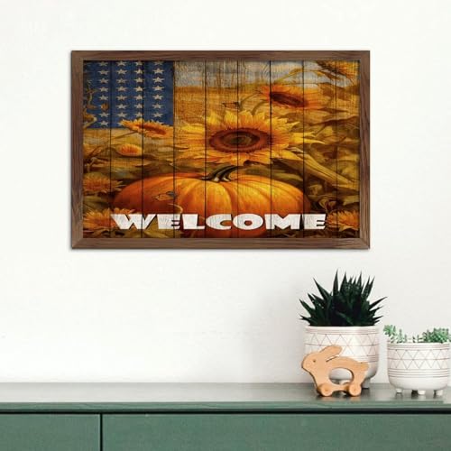 Décoration murale encadrée bienvenue automne en bois suspendre 20x30