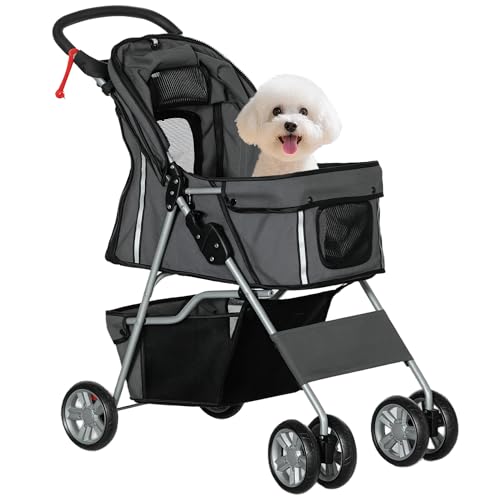 PawHut Carrello pieghevole per cani Passeggino per cani di piccola taglia con tettuccio regolabile Cestino portaoggetti in rete Finestre portabicchieri e ruote 75x45x97 cm Blu scuro