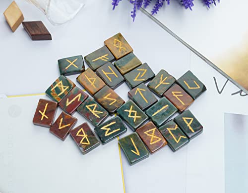 Bloodstone Rune Stones Set - Polished Stone Elder Futhark Witchcraft Supplies Gemstone Runes Viking Spiritual Stones Norse Pagan Engraved Crystals Divination Tools For Healing Brick Shape (25 Pcs) #TOP1
