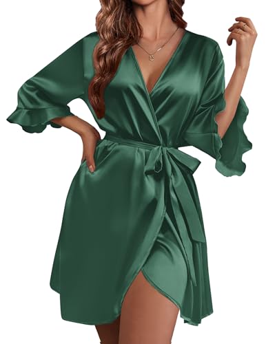 Image of Ekouaer Women's Satin Robe Valentines Lingerie for Women Kimono Bathrobe Short Ruffle Belted Robes Bridesmaids Sleepwear