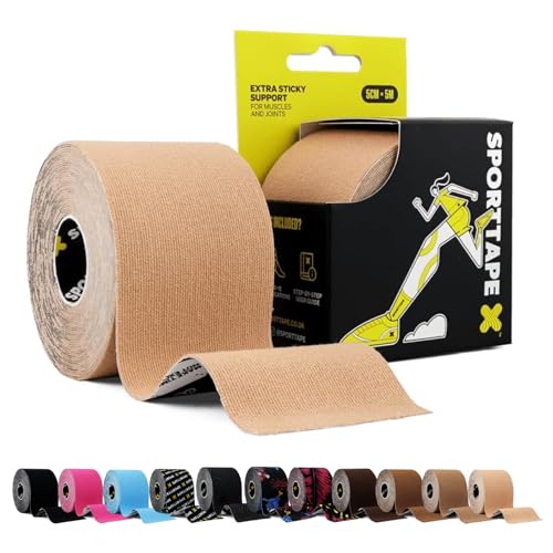SPORTTAPE Kinesiology Tape, 5cm x 5m, Beige - Waterproof & Hypoallergenic Kinetic Physio Tape for Muscle Injury Recovery, Sports Strapping, Knee Pain, Joint Support & Blisters - Single Uncut Roll