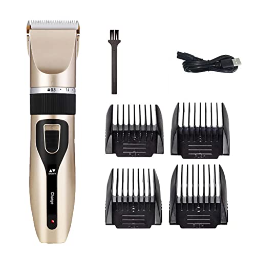 Tongdejing Dog Clippers- Electric Pet Shaver Low Noise Hair Trimmer Tool Rechargeable Dog Cat Grooming Clipper with 4 Limit Brushes for Small and Large Dogs Cats Animals(Gold)