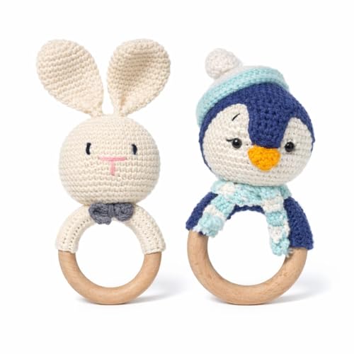 Image of Handmade Crochet Bunny & Penguin Wooden Teether Combo | Baby Teething Ring Toy | Natural Wood Infant Chew Toy | Soft Knitted Newborn Rattle Teether | Organic Cotton Baby Gift Set (Pack of 2)