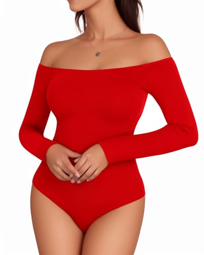 Image of Mangopop Women' Long Sleeve Ribbed Bodysuit Jumpsuits