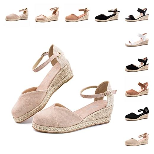 Hitmars Sandalias Mujer Verano Plataforma Alpargatas Cuñas Esparto Cerradas Planas Zapatos Tacón Medio Fiesta Tiras Vestir Punta Moda Beige 38 EU