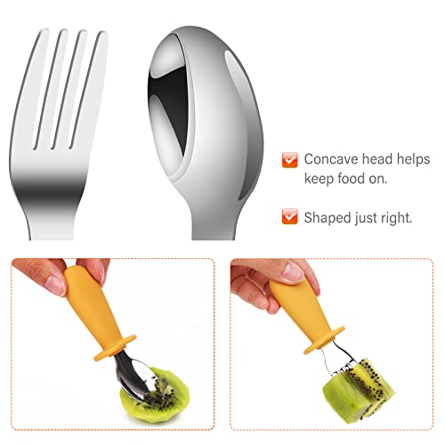 Toddler Spoon And Fork Set,Baby Spoon Self Feeding Toddler Utensils Fork，Stainless Steel Silverware With Food-Grade Silicone Grip,8 Months+(Grey) #TOP3