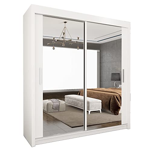Armario moderno con puertas correderas de espejo de longitud completa con estantes ajustables, rieles para colgar y amplio espacio de almacenamiento, muebles de dormitorio elegantes (blanco, 120 cm)