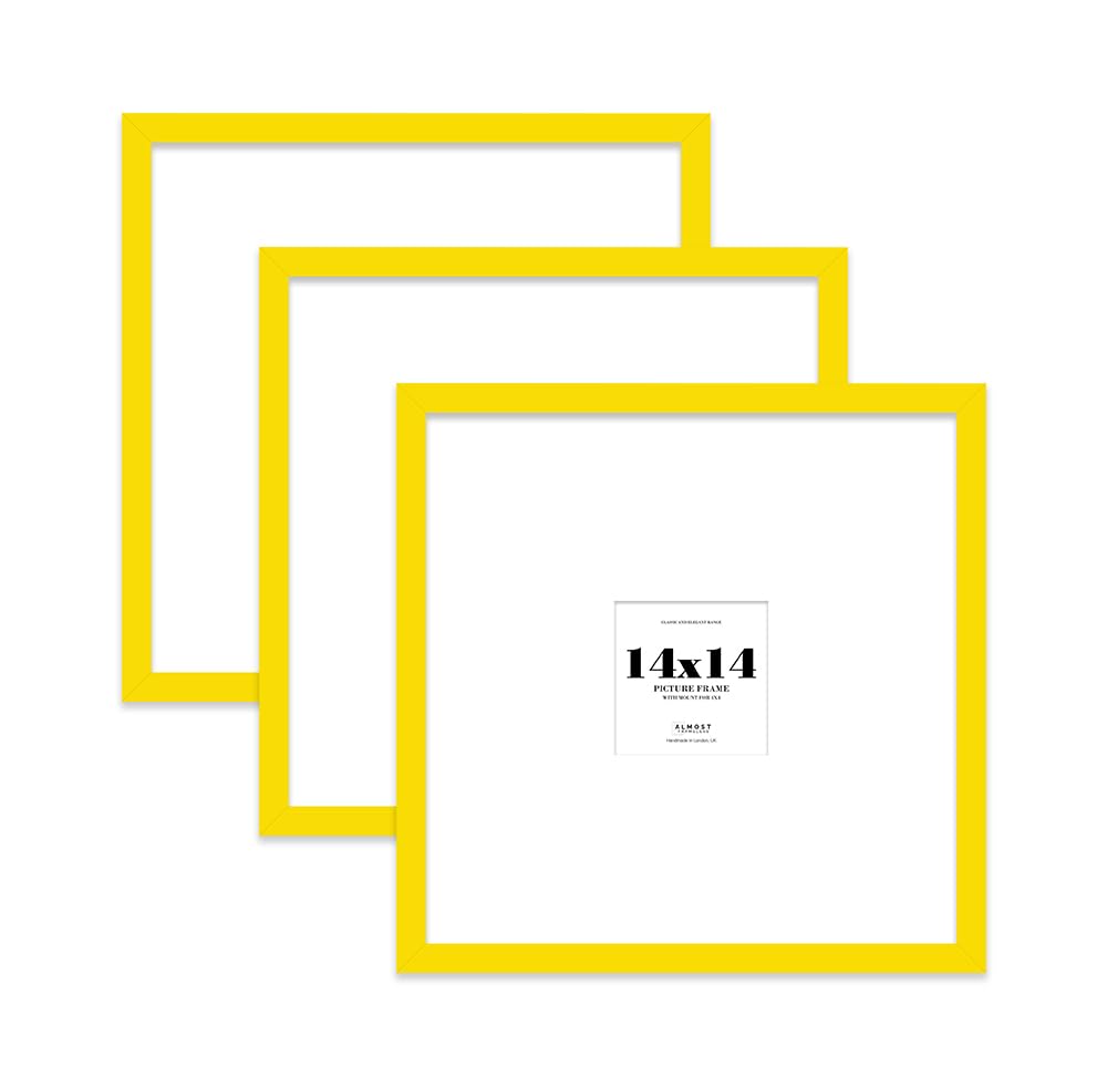14x14 Yellow Picture Frame with Large Mount for 4x4 Photos, Prints - Modern Square Wall Frame, Set of 3
