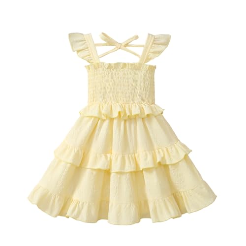 Toddler Girl Summer Dress Kids Ruffle Sleeve Floral Layered Dresses for Little Girls Smock Outfits Casual Beach Sundress (US, Age, 5 Years, 6 Years, Light Yellow)