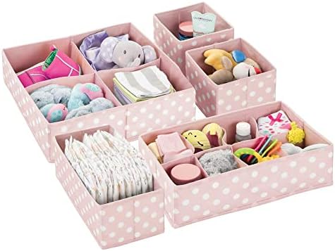 mDesign Soft Fabric Dresser Drawer/Closet Divided Storage Organizer Bins for Nursery - Holds Blankets, Bibs, Socks, Lotion, Clothes, Shoes, Toys - Set of 5 - Pink/White Polka Dot