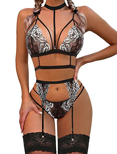 Image of Avidlove Lingerie Sets For Women Lace Bra And Panty With Garter & Choker | 3 Pieces Sexy Set, Detachable Choker And Garter, Adjuatble Strap, Matching G-string Thong, Valentine's day, Special Nights