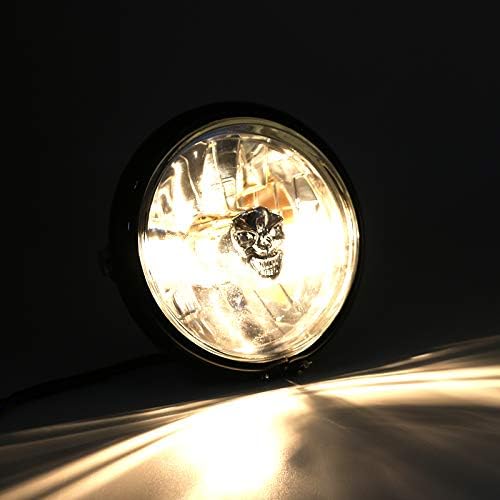 Motorcycle High/Low Beam Retro Vintage Skull Light Bulb Side Mount Headlight For Harley Dyna Honda Old School Chopper (Black)