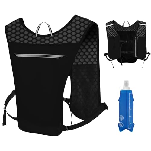 Alaoo Laufweste Damen und Herren, Multifunktionale Ultrleicht Fahrradrucksack mit 1 Trinkflasche 500 ml, Verstellbare Brustgurte, Runing Vest Reflektierend für Laufen, Camping, Wandern usw. (Schwarz)