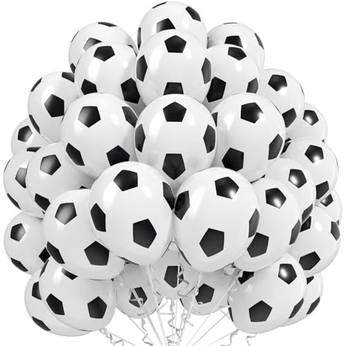 Image of 100pcs 12 inch Soccer Latex Balloons, Black White Soccer Ball Balloon for Boys World Soccer Birthday Anniversary Baby Shower Sports Themed Party Decorations Supplies with Ribbon
