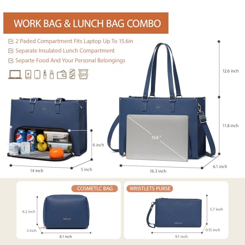 Keyli 3PCS Sets Lunch Tote Bag for Women Laptop Bag for Women 15.6 Inch with Insulated Lunch Compartment Computer Briefcase Waterproof Handbag Large Capacity Business Teacher Office Laptop Purse